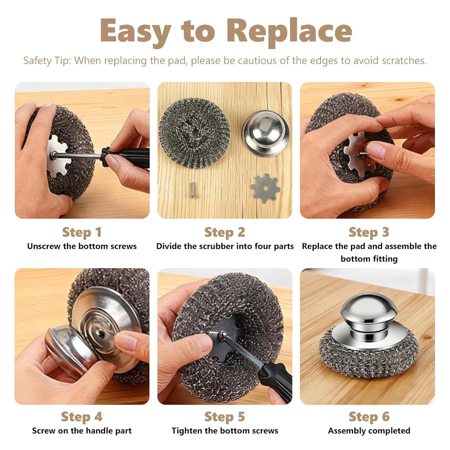 Steel Wool Scrubber, 4-Pack Stainless Steel Scrubber Pads with Handle - The Ultimate Scouring Solution for Rust, Stubborn Messes on Cookware, Grill, Oven & Kitchen Sinks
