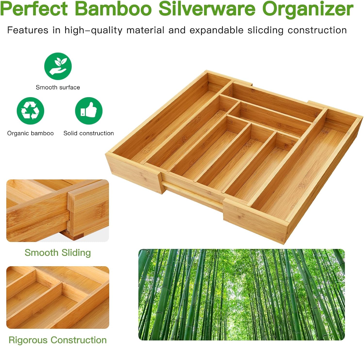 Pipishell Bamboo Expandable Silverware Drawer Organizer, Adjustable Ki