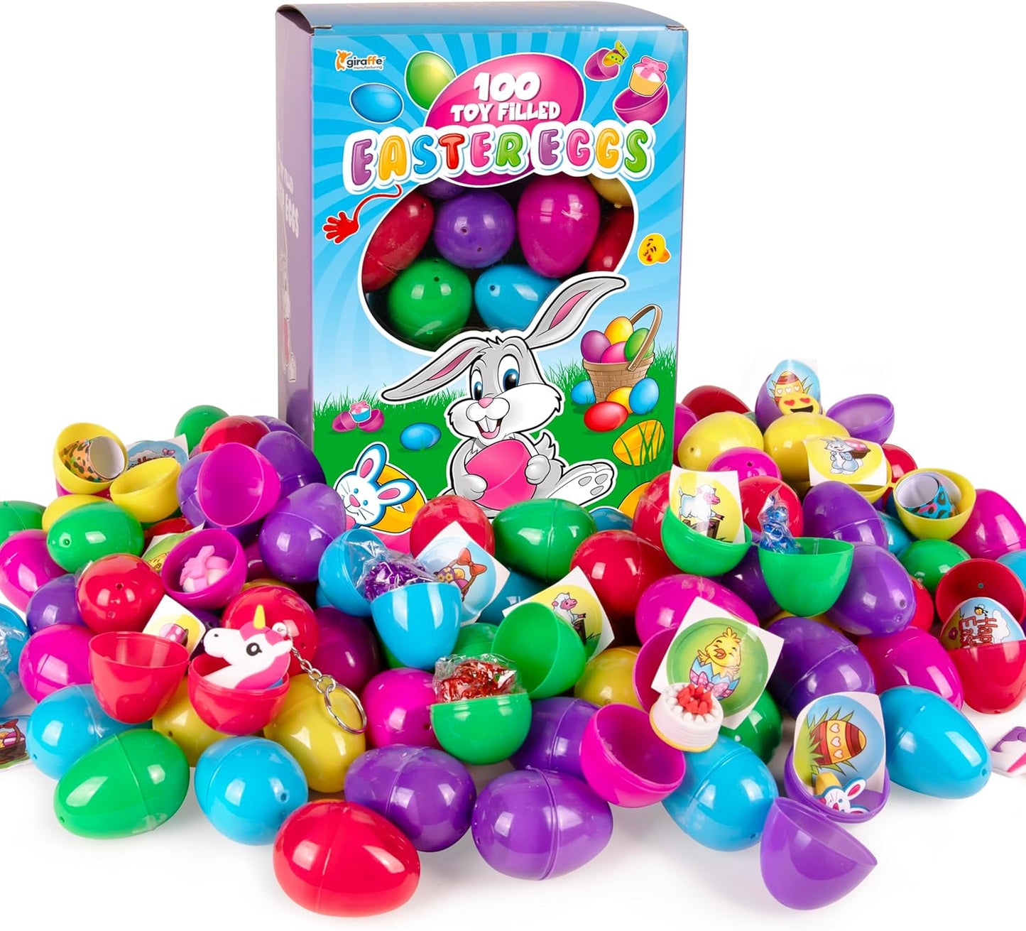 Giraffe 100 Pack Prefilled Easter Eggs Bulk - Multi Color Plastic Filled Easter Eggs for Kids with Toy Filled Slap Bracelets, LED Rings, Stickers - Easter Basket Stuffers for Kids