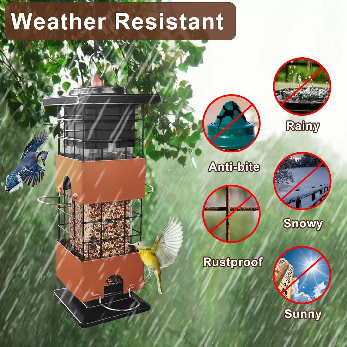 Squirrel Proof Bird Feeder, 3LBS Large Capacity Metal Hanging Bird Feeders for Outdoors, Weight-Activated Perches Wild Birdfeeder for Blue Jay, Cardinal (Brown)