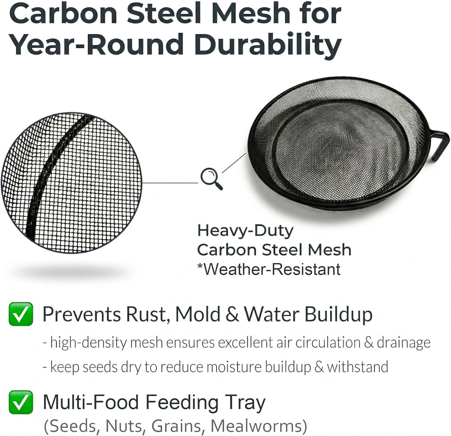 Deck Bird Feeder for Balcony Railing, No-Drill Adjustable Clamp Mount, Heavy-Duty Metal Mesh Platform Tray, Windproof Removable Water Bowl Bird Bath, Feeding Station for Wild Birds with Cleaning Brush