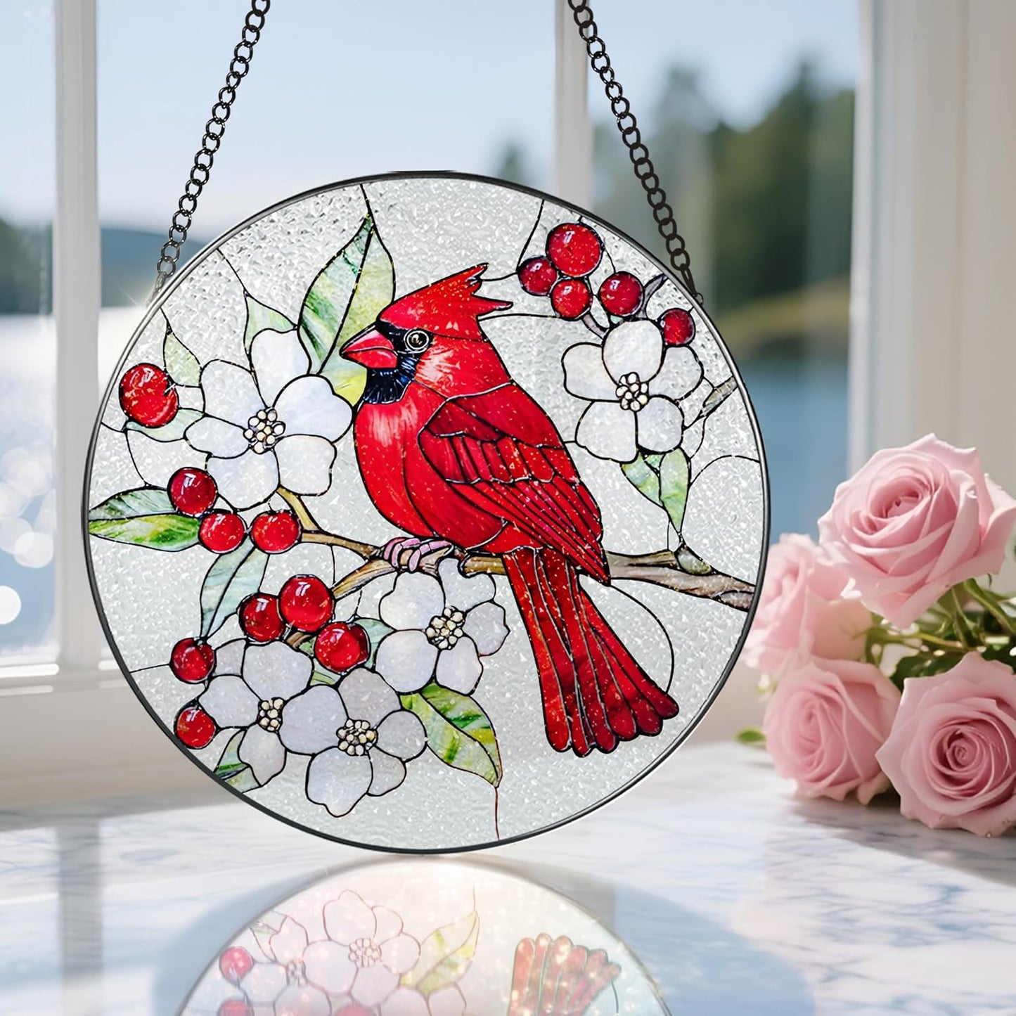8″ Cardinal Stained Glass Suncatcher, Stained Glass Window Hanging Ornament, Red Bird Decor, Christmas Ornaments | Cardinal Memorial Gifts, Bird Lover Gift, Gifts Ideas