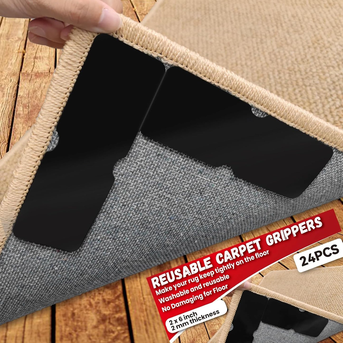 Rug Carpet Non Slip Grippers, Reusable Rug Tape Stickers Pads for Hardwood Floors and Tiles, Double Adhesive Carpet Grippers for Area Rugs Corners Flat, No Damaging for Floor Removable, 8Pcs