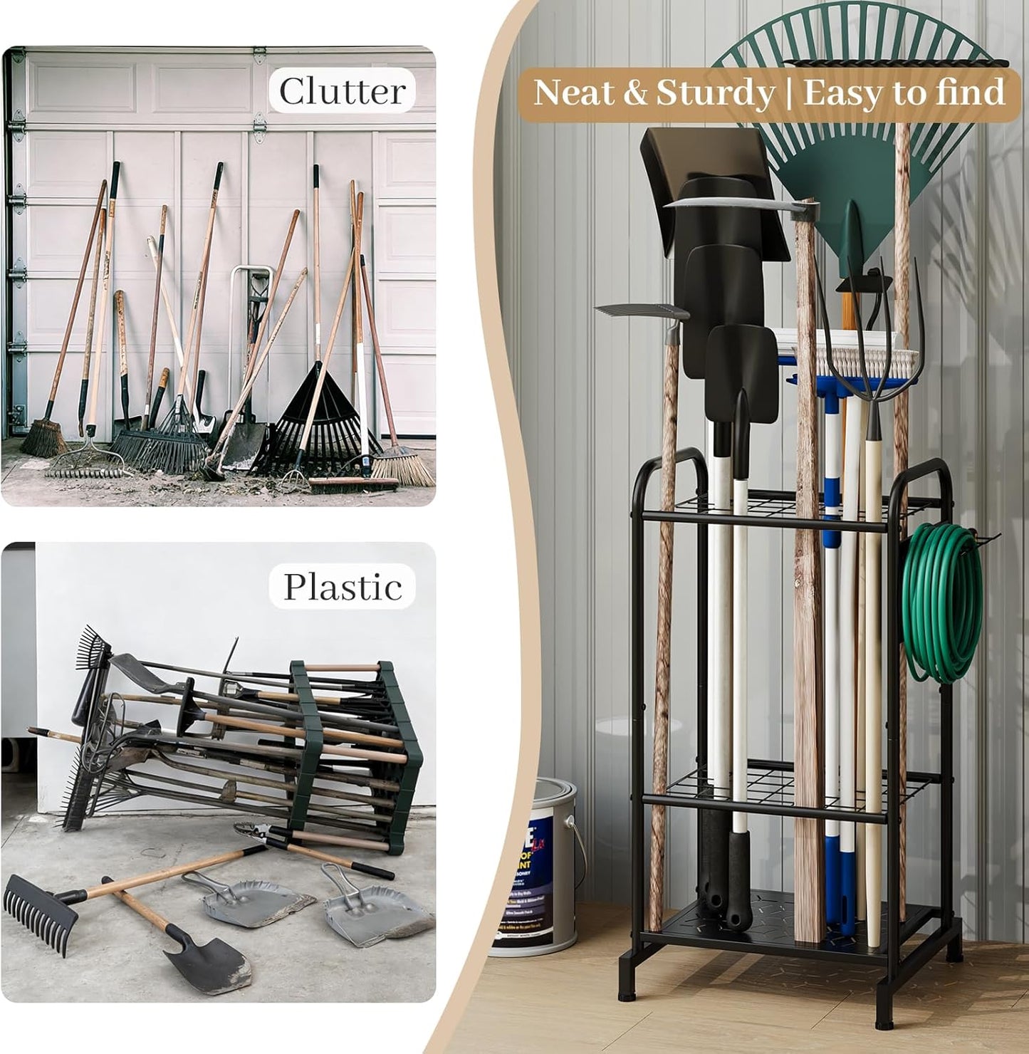 Garden Tool Organizer, Garage Tool Storage Rack, Heavy Duty Metal with Side Pegboard & Adjustable Hooks, Utility Racks for Shed, Patio & Outdoor Use