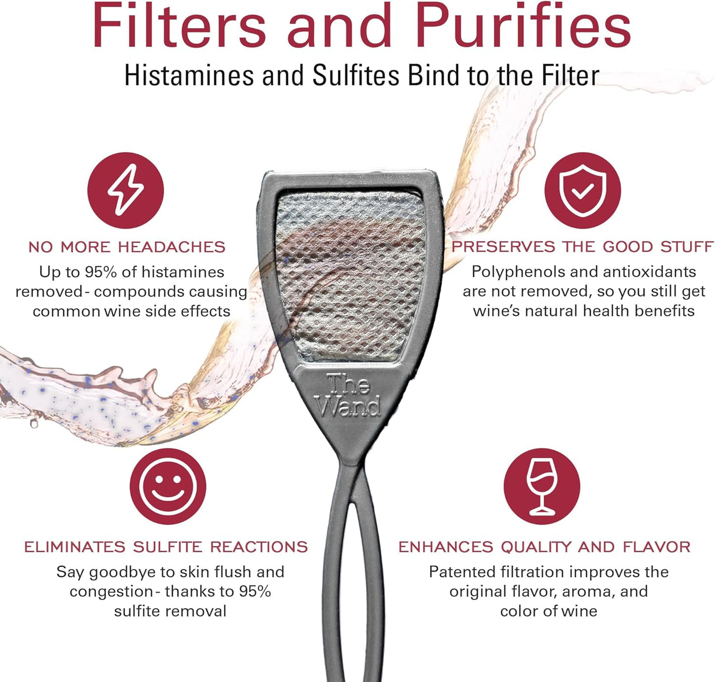PureWine The Wand Wine Purifier - Red & White Wine Filters for Histami