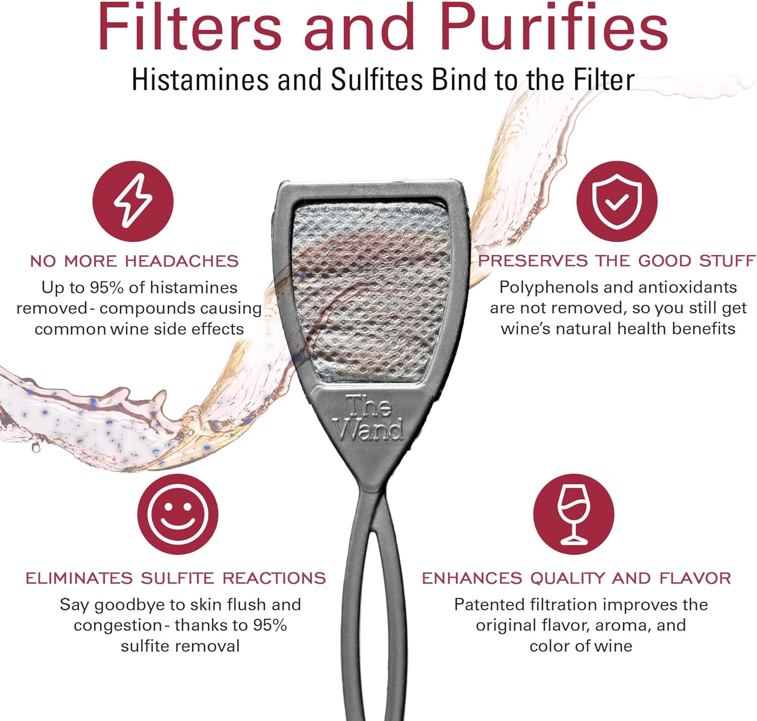 PureWine The Wand Wine Purifier - Red & White Wine Filters for Histami