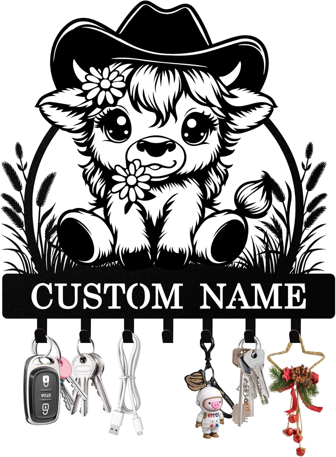 Personalized Key Holder Wall Mount, Custom Metal Highland Cow Keys Hol