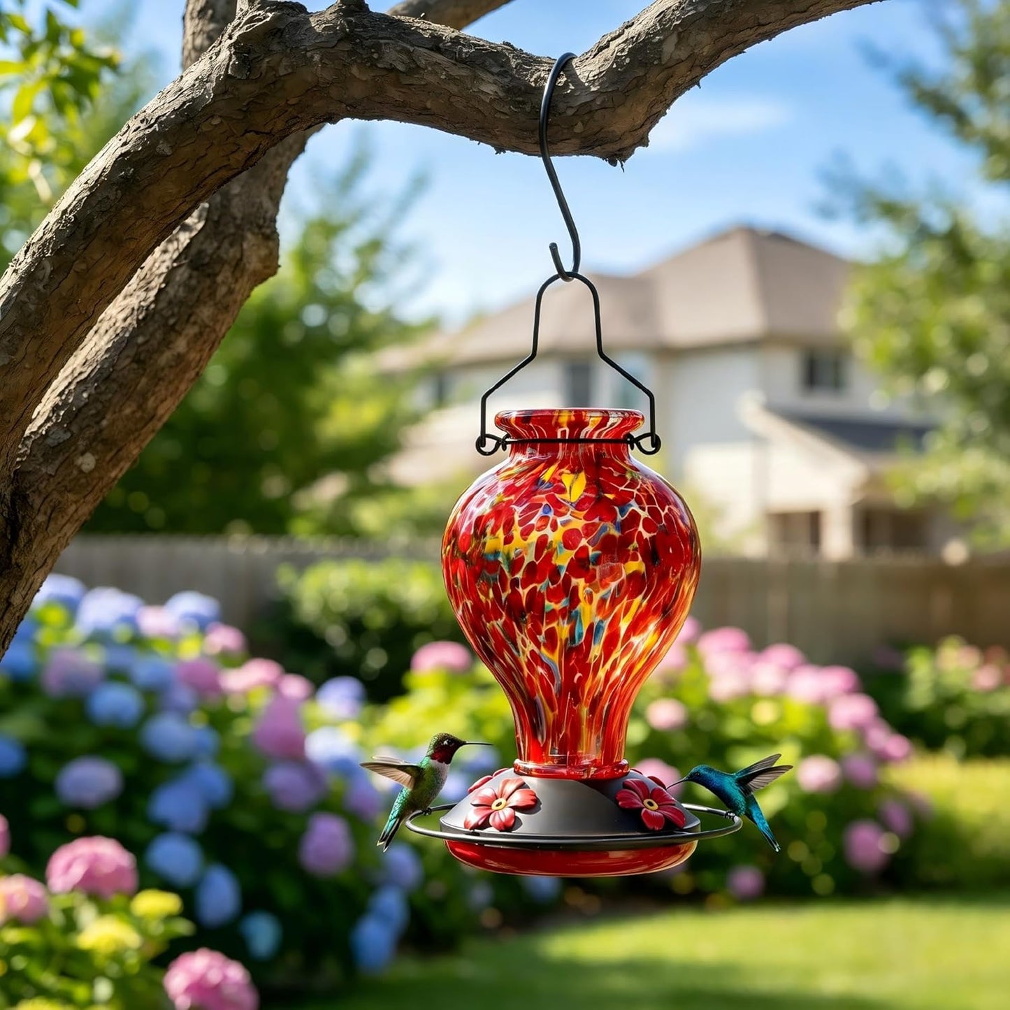 Hand Blown Glass Hummingbird Feeders for Outdoors Hanging, 24oz Wild B