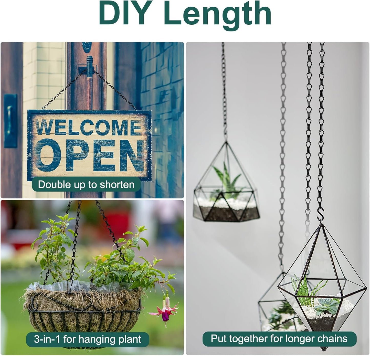 6PCS Hanging Chains with S Hooks, 24.2IN Long Chains with Clips, Adjustable Black Metal Chains Hanger for Plant, Sign, Bird Feeder, Wind Chime