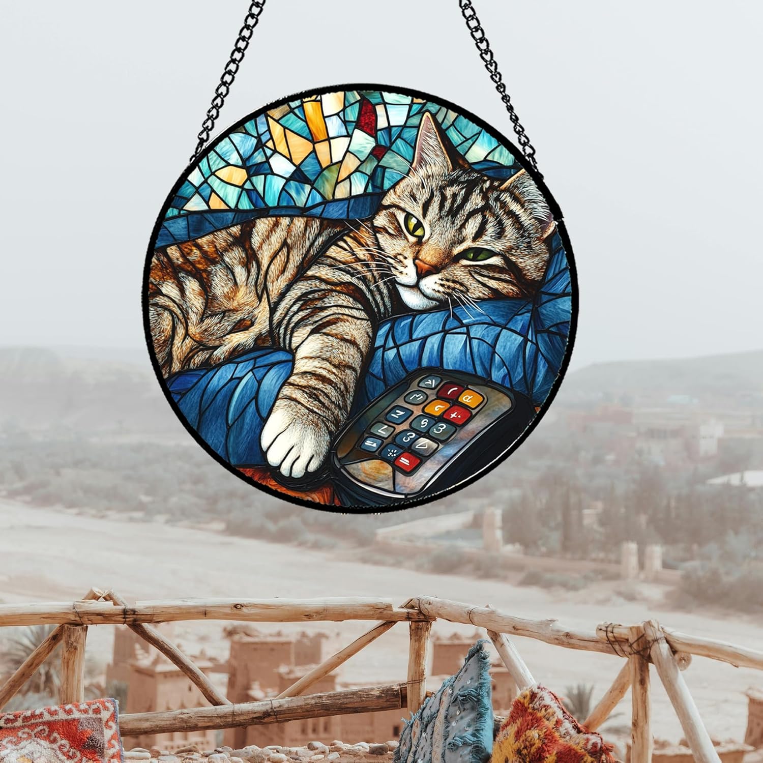 Stained Glass Window Hanging Gray Cat and Remote Control 6.3" - Suncat