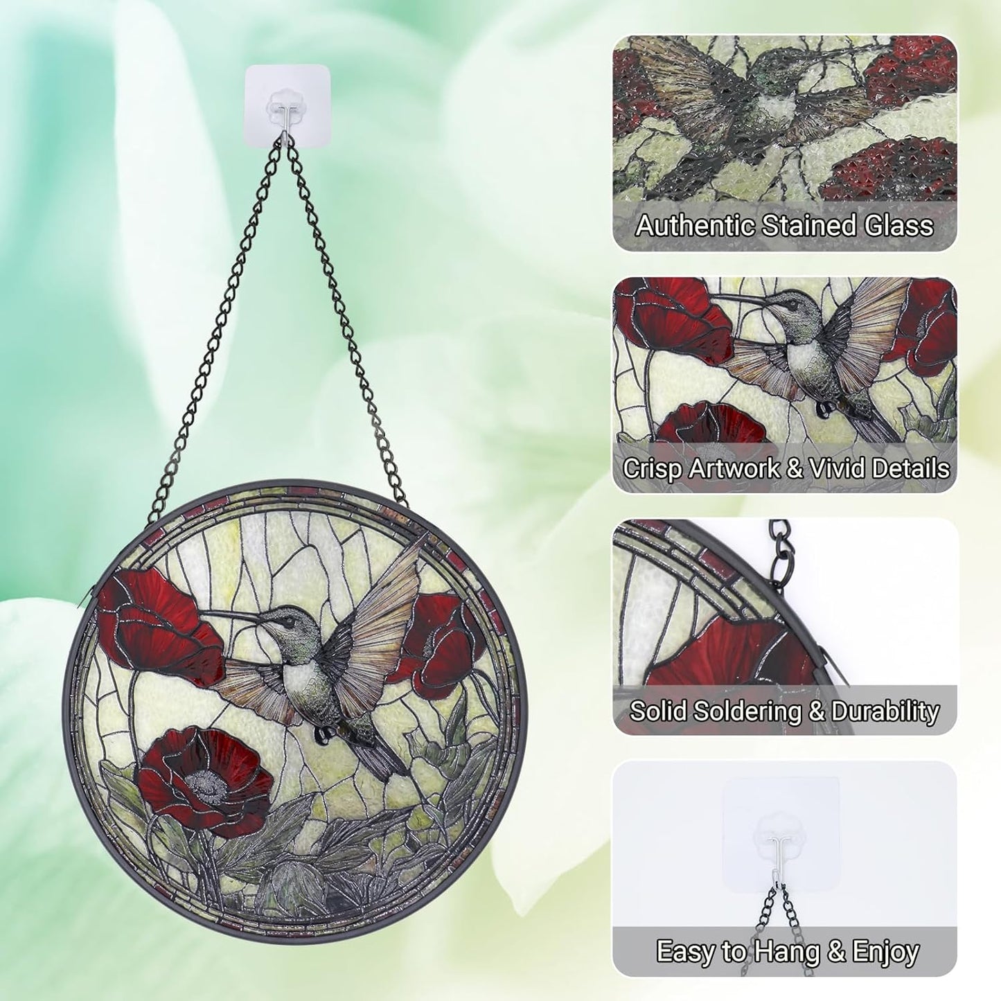 Stained Glass Window Hanging - 6.3 Inch Hummingbird Red Flower Suncatcher, Bird Suncatchers for Window Home Door Wall Garden Outdoor Decor and Birthday, Hummingbird Gifts for Adults Women Men Mom