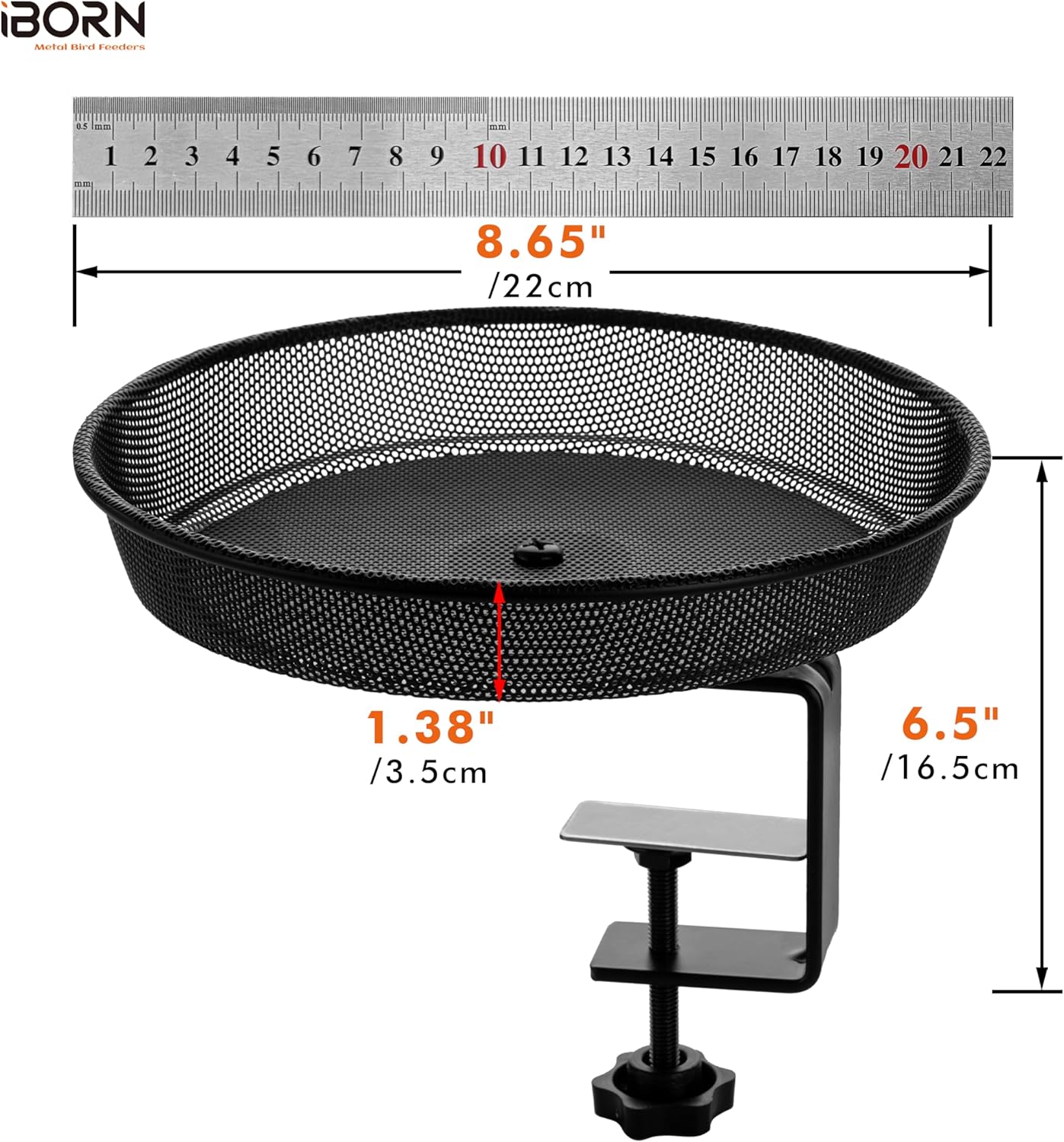 iBorn Deck Bird Feeders for Outdoors,Platform Bird Seed Tray with 5.5 lbs Capacity,Balcony Porch Railing Bird Feeder, Drainage Mesh Holes,Tilt-Proof, Windproof, Anti-Loosen, Easy to Refill&Clean,Black