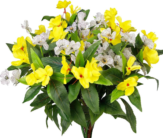 6 Pcs Artificial Flowers for Outdoors Impatiens Yellow Silk Violet Daisies Flowers Outside White UV Resistant Faux Impatiens Flowers for Outdoor Planters Pot Patio Hanging Basket Porch Decor