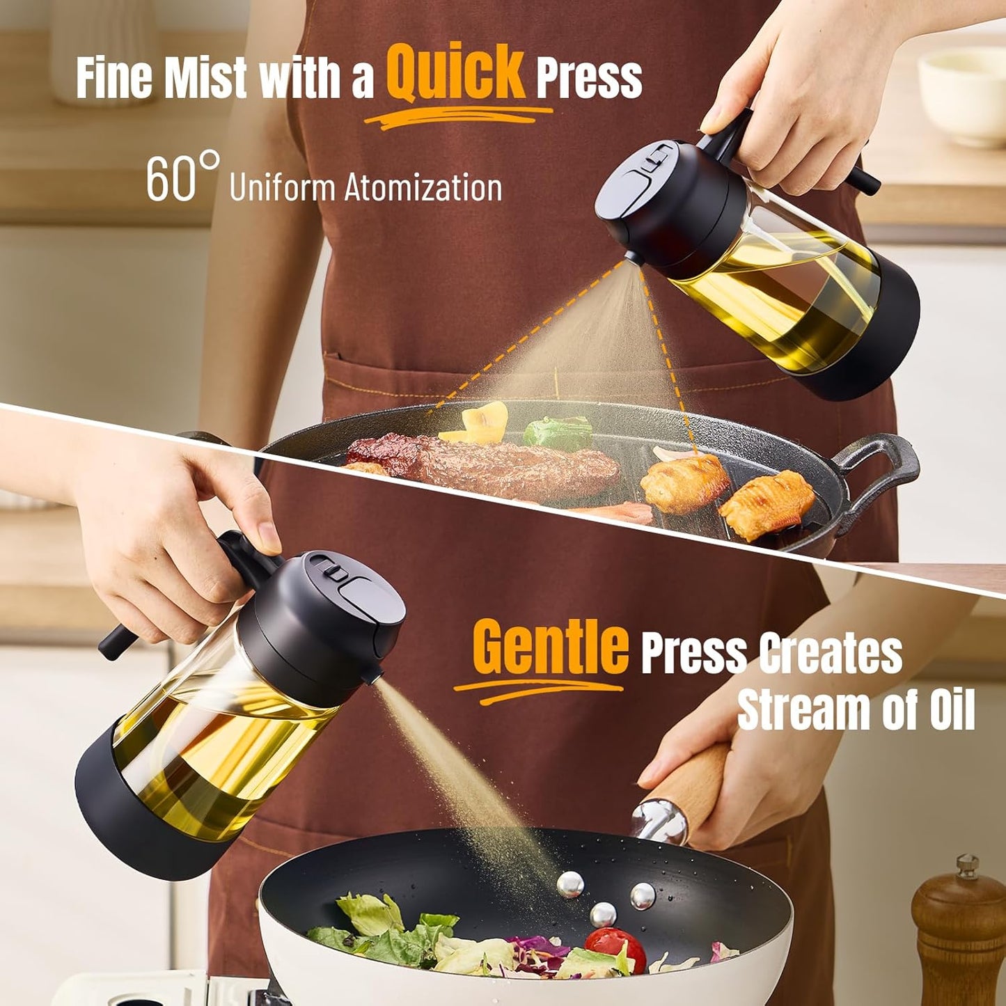 PARACITY Oil Dipenser Bottle with Silicone Bottom, 2 in 1 Olive Oil Sprayer and Dispenser, Oil Spray Bottle 500ML/ 17OZ for Cooking, Kitchen, BBQ, Air Fryer, Salad, Baking(1PC Black)