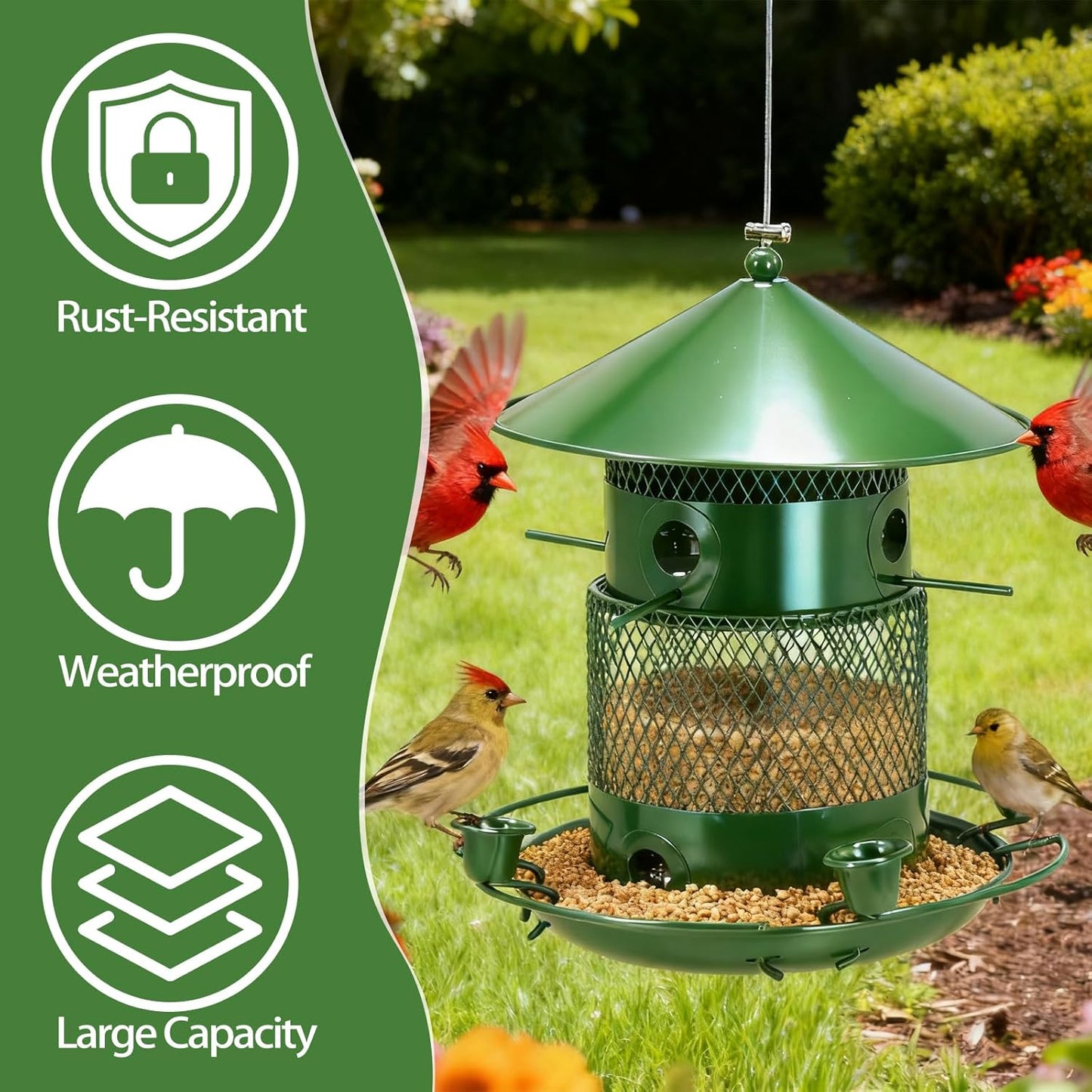 Outdoor Hanging Bird Feeder Metal Construction, Sturdy and Durable Large-Capacity Bird Feeder with Water Cup All-Season Outdoor Wild Bird Feeder Green Color (Green)