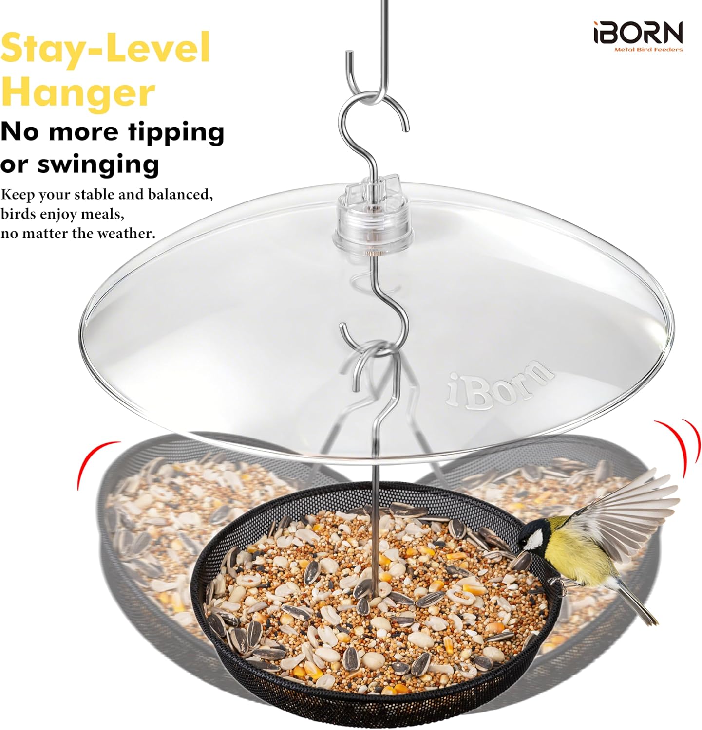 iBorn Hanging Bird Feeder Tray, Metal Mesh Bird Feeder Bowl with Thick Metal Hanger, Sturdy & Durable for Outdoors, Easy to Refill & Clean, Pack of 1, Black