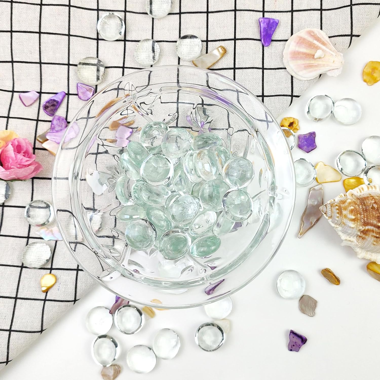1lb Clear Glass Beads for Vases, 100 Pcs Glass Pebbles, Clear Flat Gla