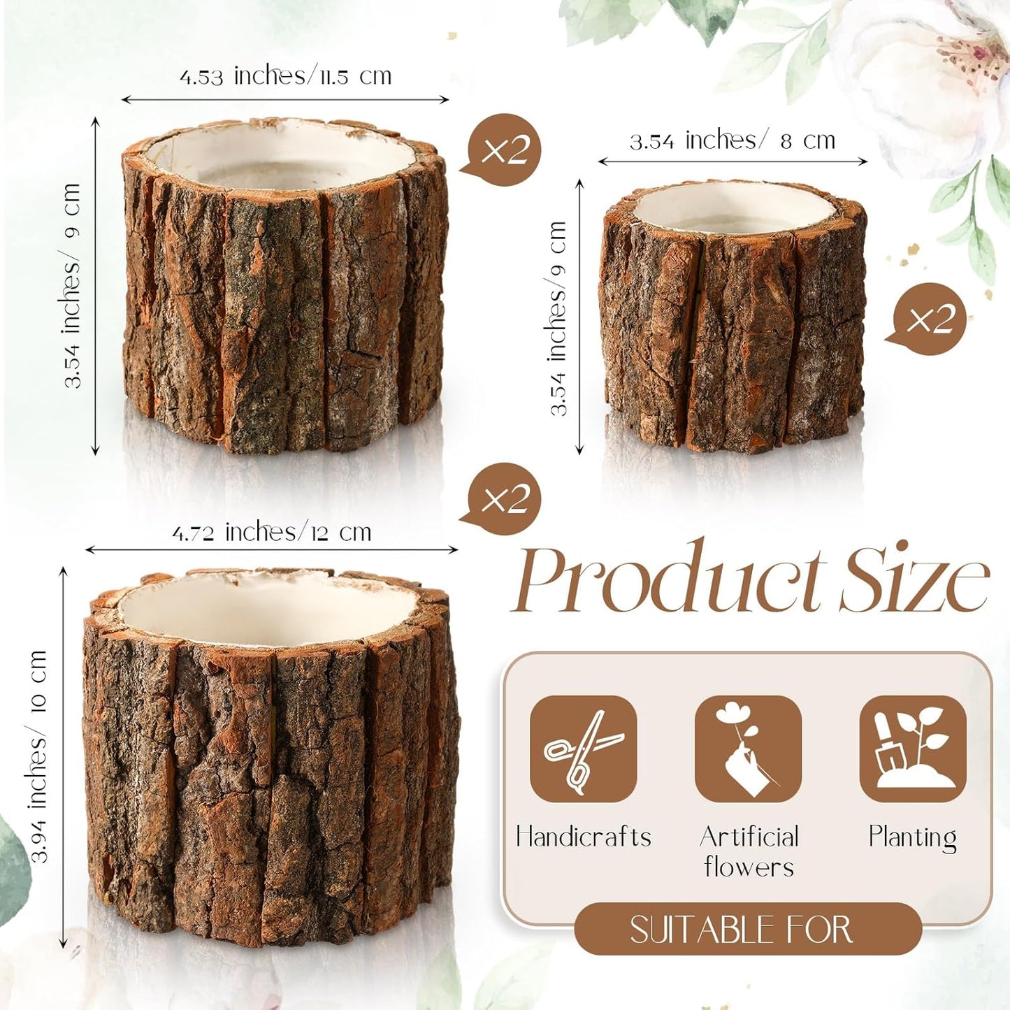 6 Pcs Wooden Vase for Centerpieces Wedding Flower Table Centerpieces Woodland Party Decor Rustic Farmhouse Bark Stump Buckets Vintage Planter Pots for Garden Baby Shower Window Home (L+m+s)