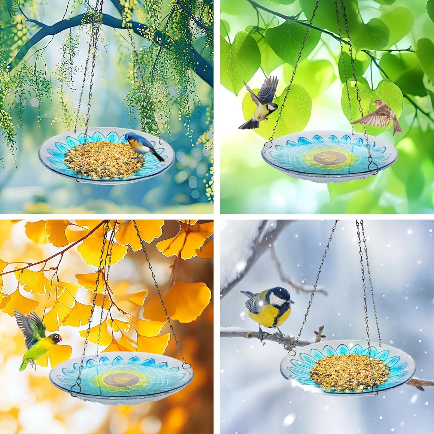 Hanging Bird Baths Outdoor Glass Birdbaths Garden Bird Feeder for Yard Lawn Decor Blue Flower