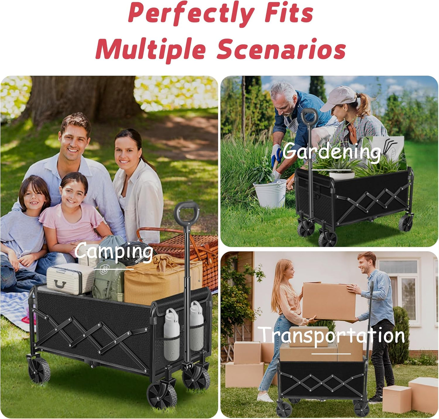 Wagons Carts Foldable - Collapsible Wagon Cart - Foldable Wagon Cart with Wheels - Folding Wagon Cart - Lightweight Portable Folding Utility for Beach Camping Sports Garden, 330 LBS Capacity/Black