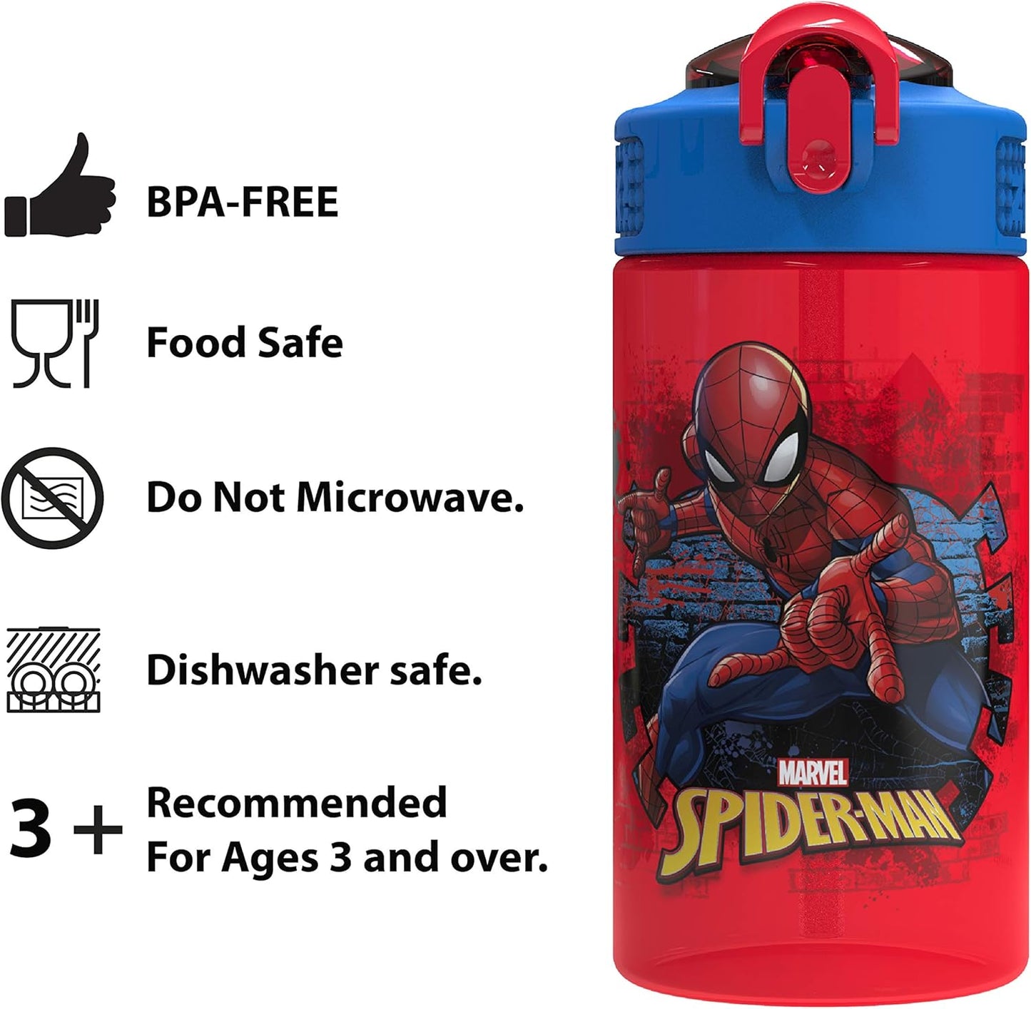Zak Designs Marvel SpiderMan Kids Spout Cover and Built-in Carrying Loop Made of Plastic, Leak-Proof Water Bottle Design (16 oz, BPA-Free)