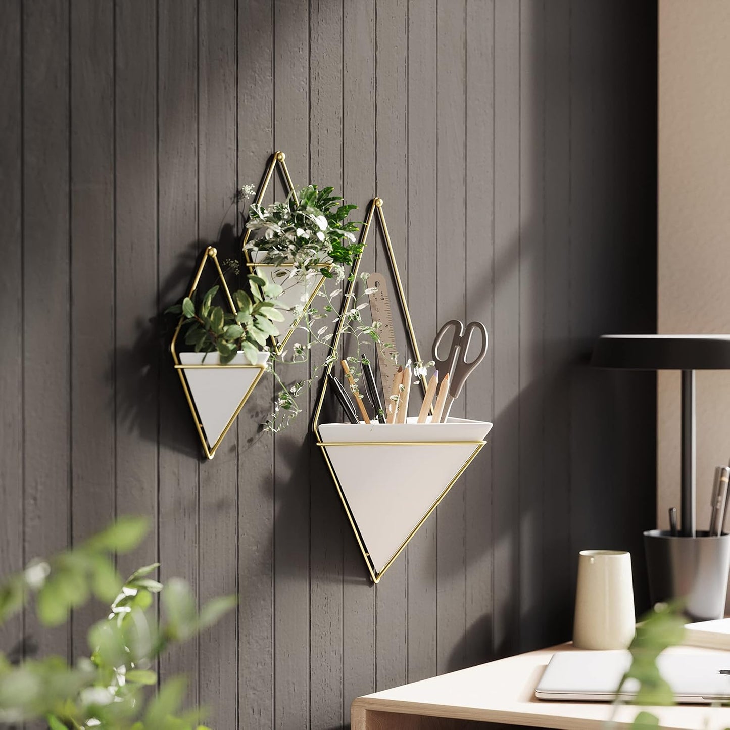 Umbra Trigg Hanging Planter Vase Wall Decor, Set of 2 Pots Containers for Succulents, Cactus, Faux Plants, and More, Small, White/Brass