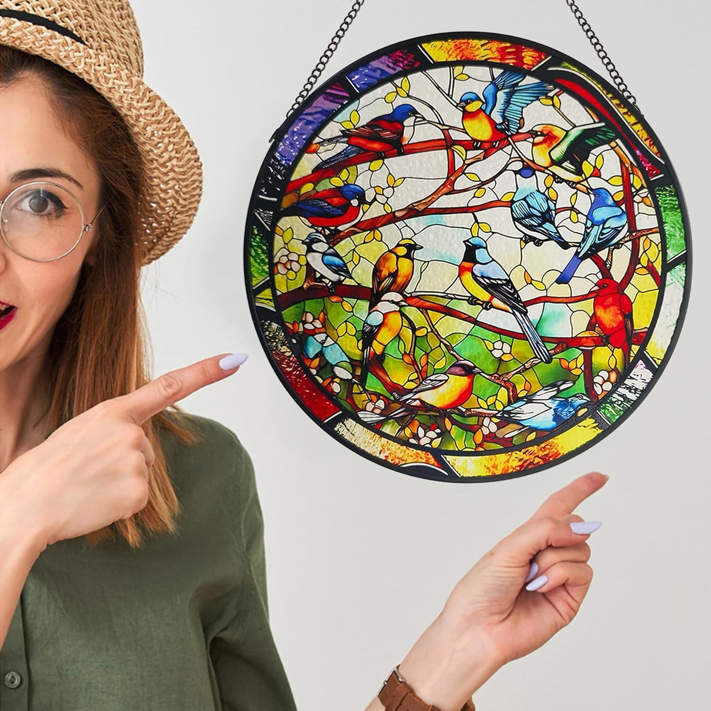 Birds Stained Glass Window Hanging, 9.8'' Birds on Branch Suncatcher for Windows Hanging Wall Art Home Garden Office Decor Christmas Birthday Gifts