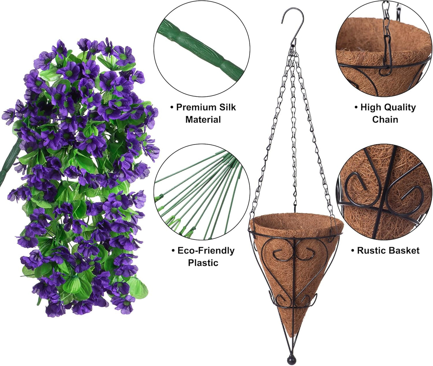 Artificial Hanging Flowers in 12 inch Basket, Fake Plant Silk Orchid Flower Arrangement with Coconut Lining Pot Planter for Patio Garden Porch Deck Spring Summer Decor(Dark Purple)