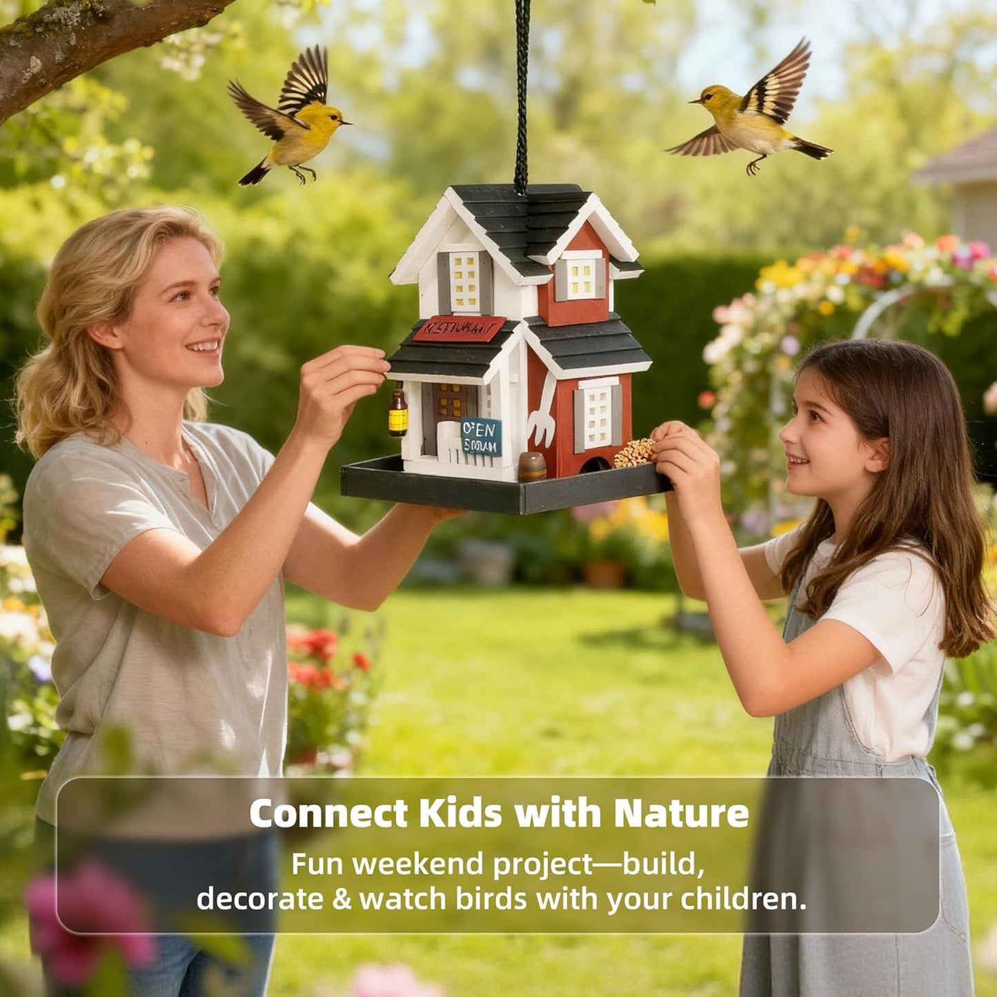 MEWANG Nature's Elegance Bird Feeder - Wooden Bird House, Exquisitely Crafted, Beautifully Decorative & Hang for Backyard Wildlife(White)
