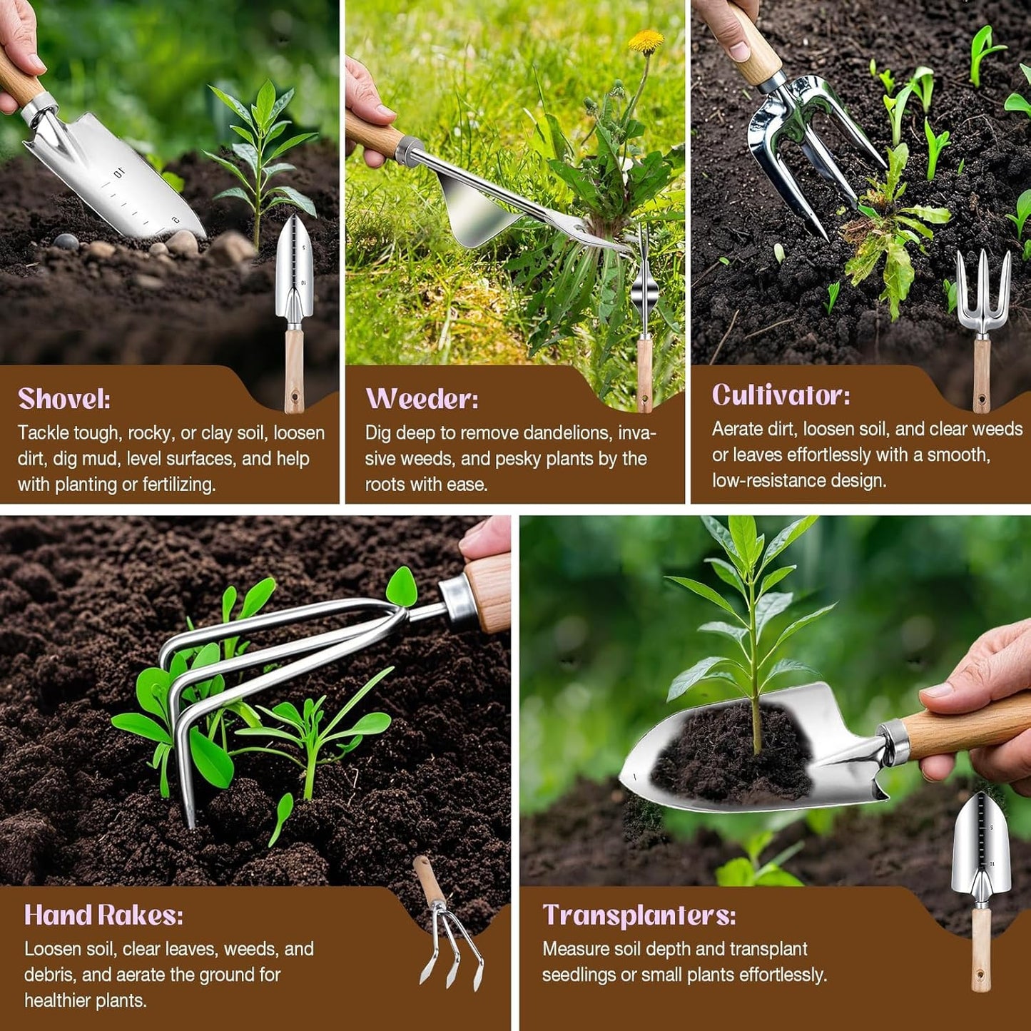 Gardening Tools 9-Piece Heavy-Duty Garden Tools Set, Stainless Steel G