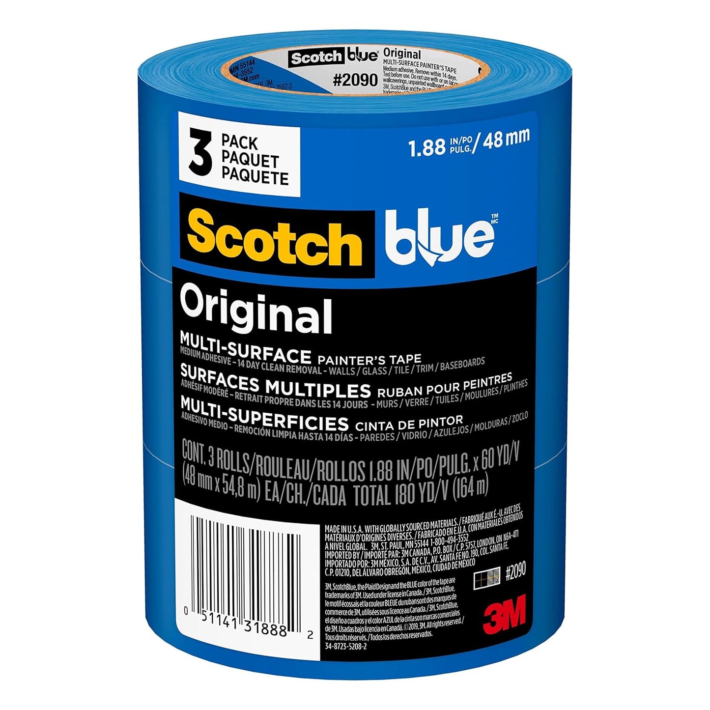 ScotchBlue Original Multi-Surface Painters Tape, 2 Inch Wide (1.88 In. x 60 Yds), 3 Rolls, Blue Paint Tape Protects Surfaces and Removes Easily, Masking Tapes for Indoor and Outdoor Use (2090-48EP3)