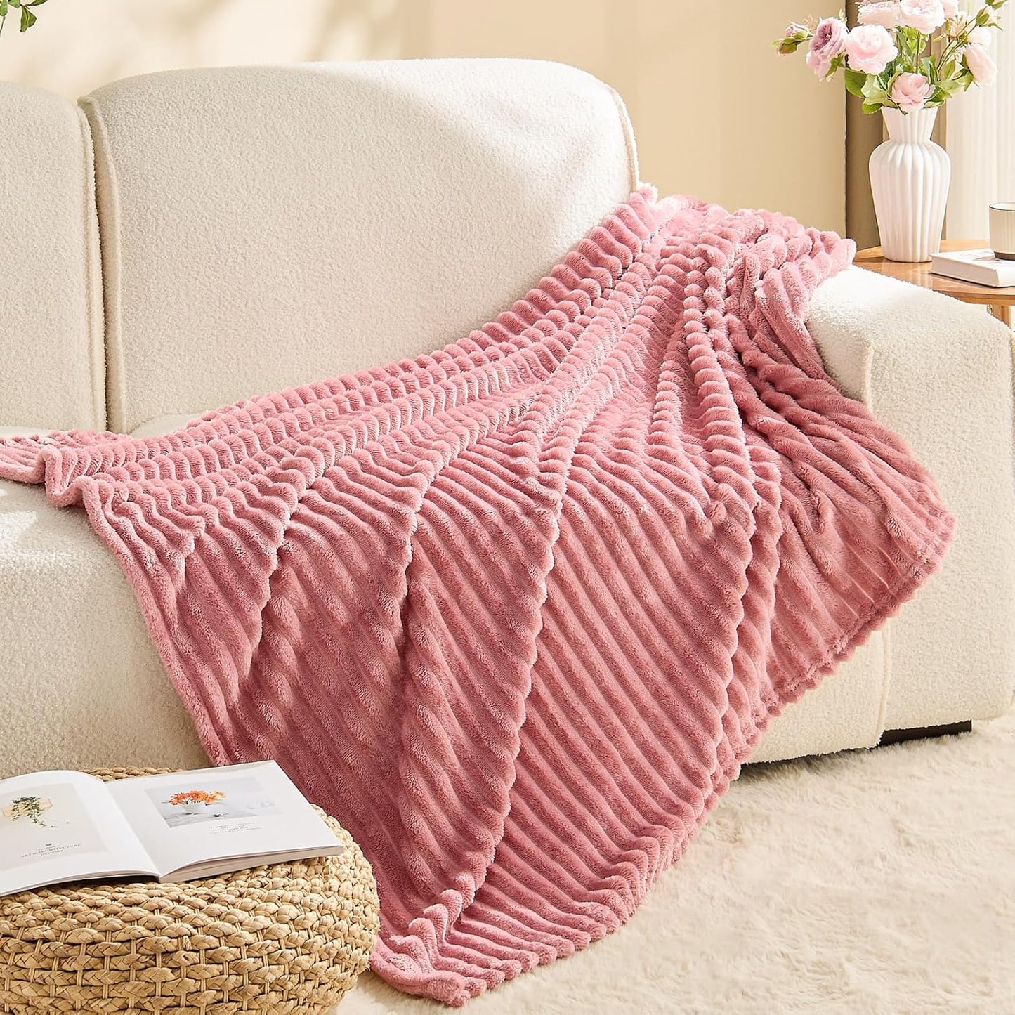 BEDELITE Fleece Throw Blanket for Couch – 3D Ribbed Jacquard Soft and Warm Decorative Fuzzy Blanket – Cozy, Fluffy, Plush Lightweight Pink Throw Blankets for Bed, Sofa, 50x60 inches