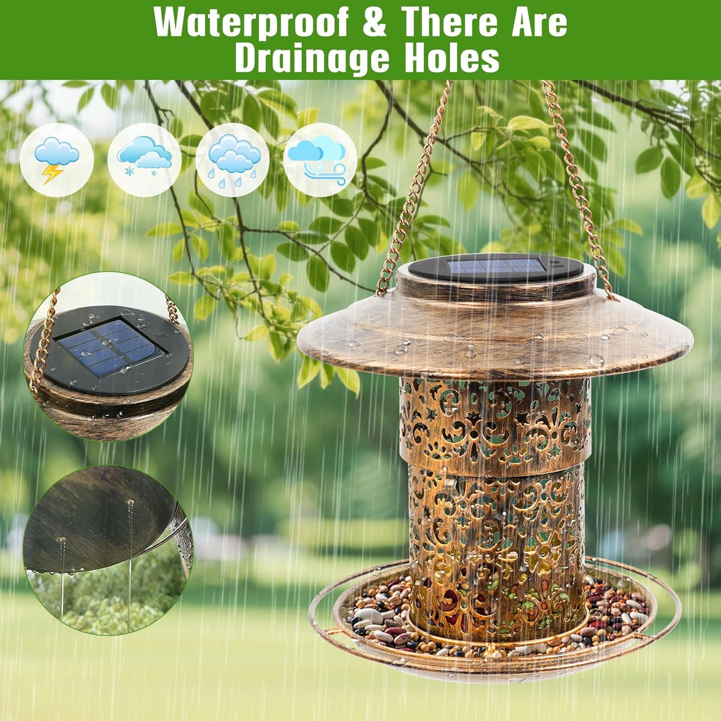 Metal Bird Feeder for Outdoor Hanging, Large Capacity Solar Wild Bird Feeder with Drainage Holes,Landing Ring, Solar Lanterns for Garden Decoration, Unique Bird Watching Gift for Outside