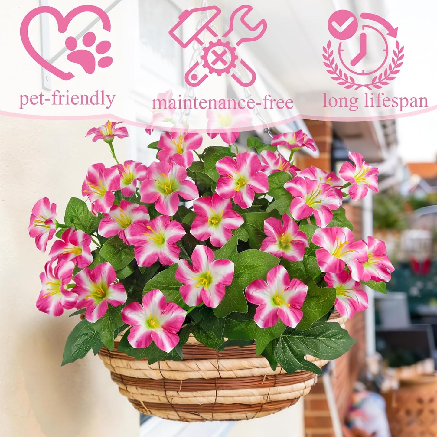 2Pcs Artificial Flowers with 7 Branches Fake Petunias Plants Outside Rose Red Silk Morning Glory UV Resistant Realistic Faux Tropical Flowers for Planter Outdoors Porch Patio Yard Garden Window