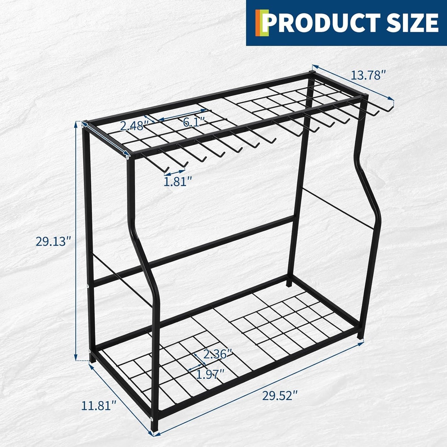 Garden Tool Organizer 2 Tier Yard Storage Rack With14 Hooks,Heavy Duty Holder With 43 Long-Handled Slots,Freestanding Tool Organizers and Storage for Yard Shed and Lawn