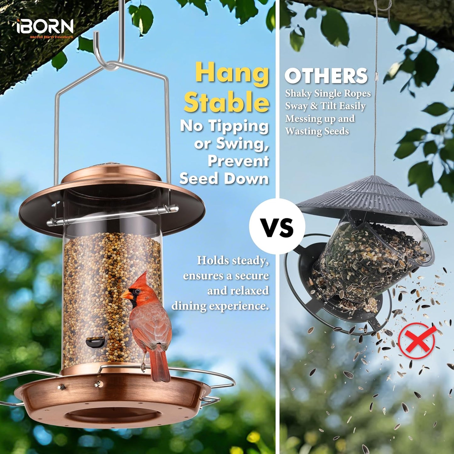 iBorn Bird Feeder Metal Squirrel Chew-Proof Bird Feeders for Outdoors Hanging Outside for Cardinal, Holds 1.5LB Seed with 3 Perchs, Brushed Copper (Seed is not Included)