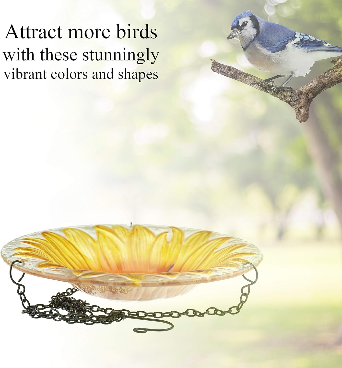 CLEVER GARDEN Glass Bird Bath, Hanging Outdoor Decoration for Wild Birds, Sunflower Birdbath