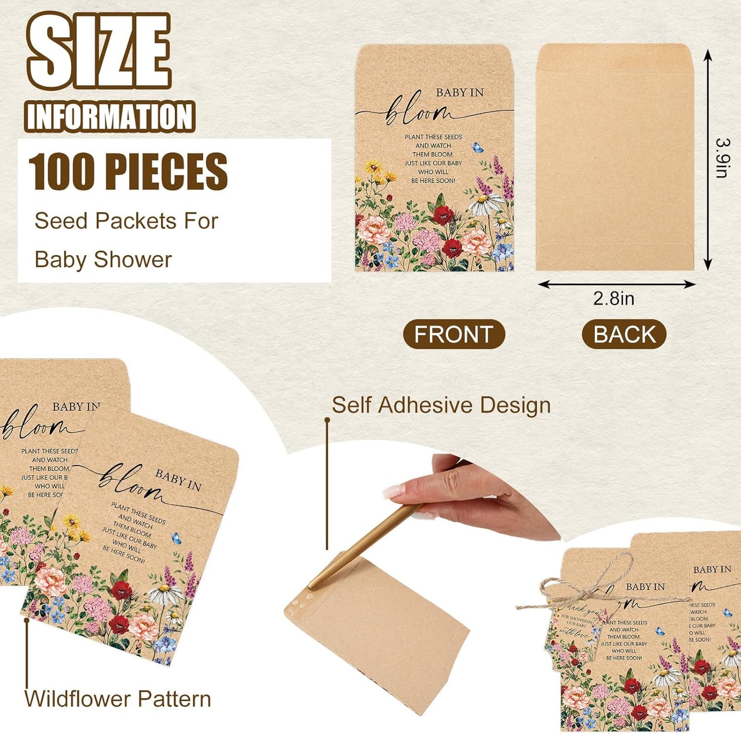 JarThenaAMCS 100Pcs Baby Shower Seed Packets Spring Wildflower Self Ad