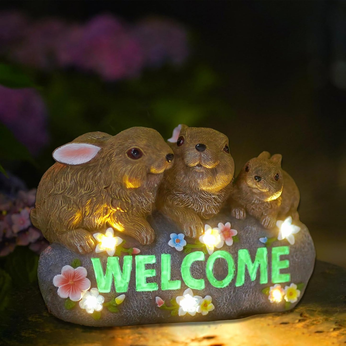 Goodeco Solar Rabbits with Welcome Sign - Outdoor Bunny Decor with Solar LED Lights - Rabbit Garden Decor & Outdoor Light-Up Gifts for Women, Moms or Birthdays
