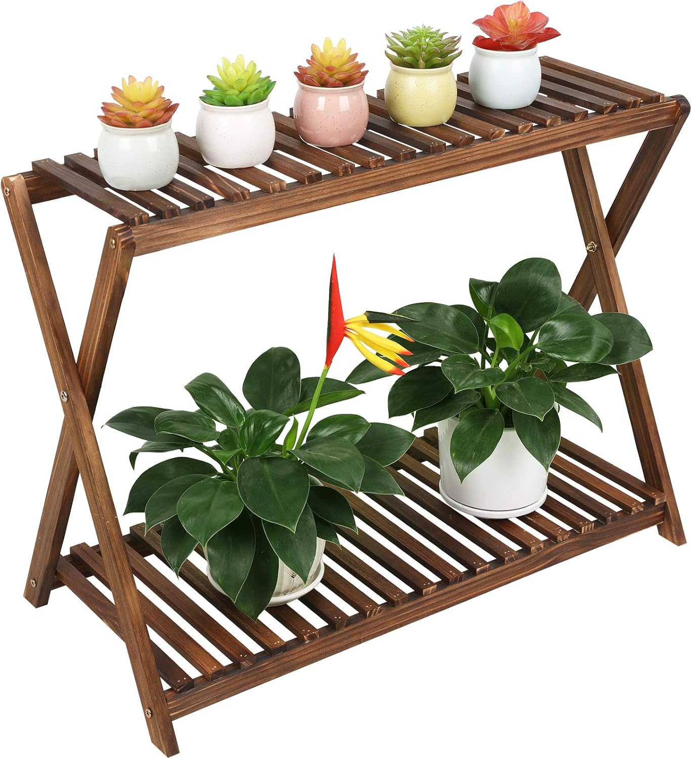 Wood Plant Stand Indoor Outdoor 2 Tiers Flower Stand Corner Stepped Pl