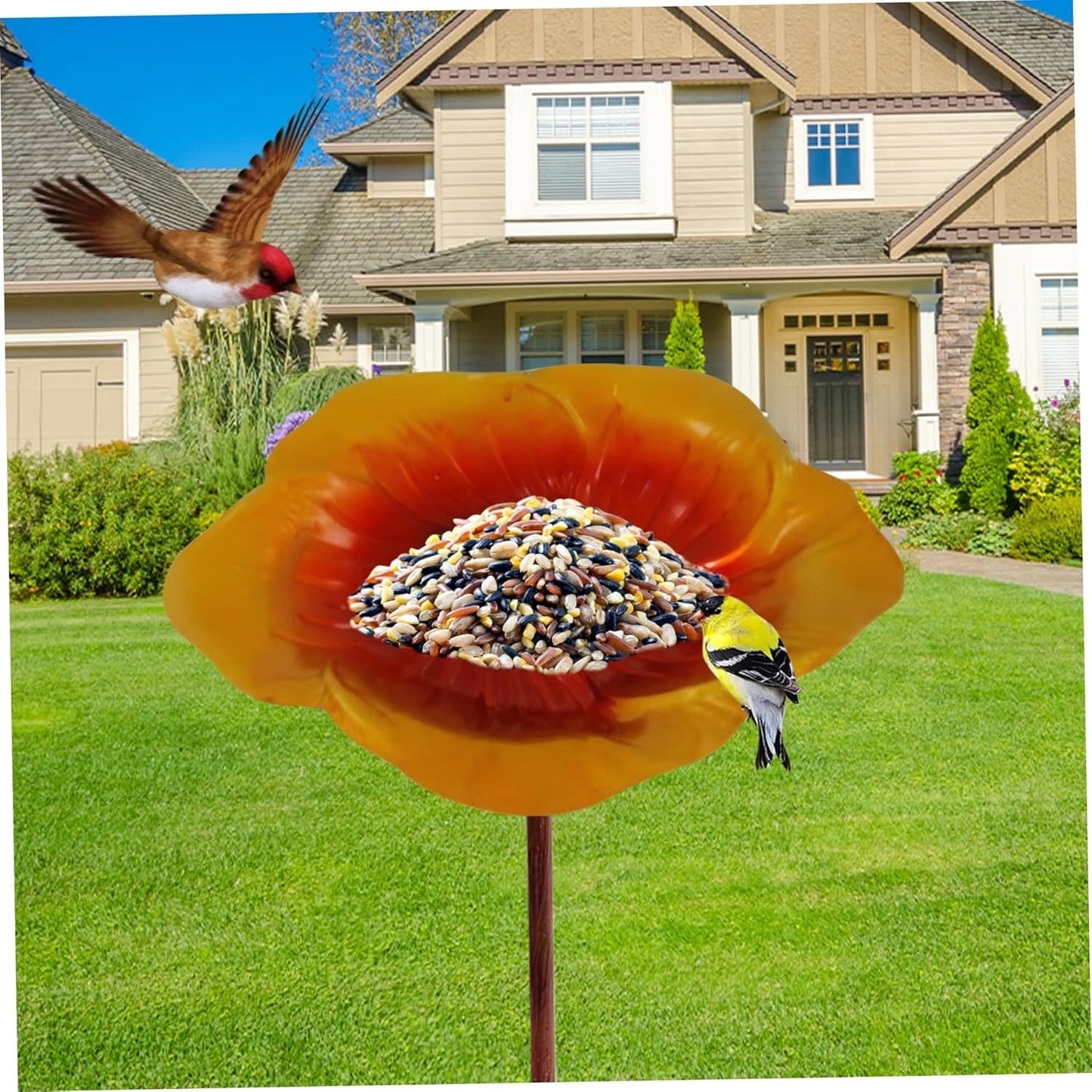 Bird Feeder with Stake Flower Shape Bird Bath 9.5x25in Ground Avian Feeding Station Exquisite Decorative Bath for Outside Yard Garden, Gold Brown