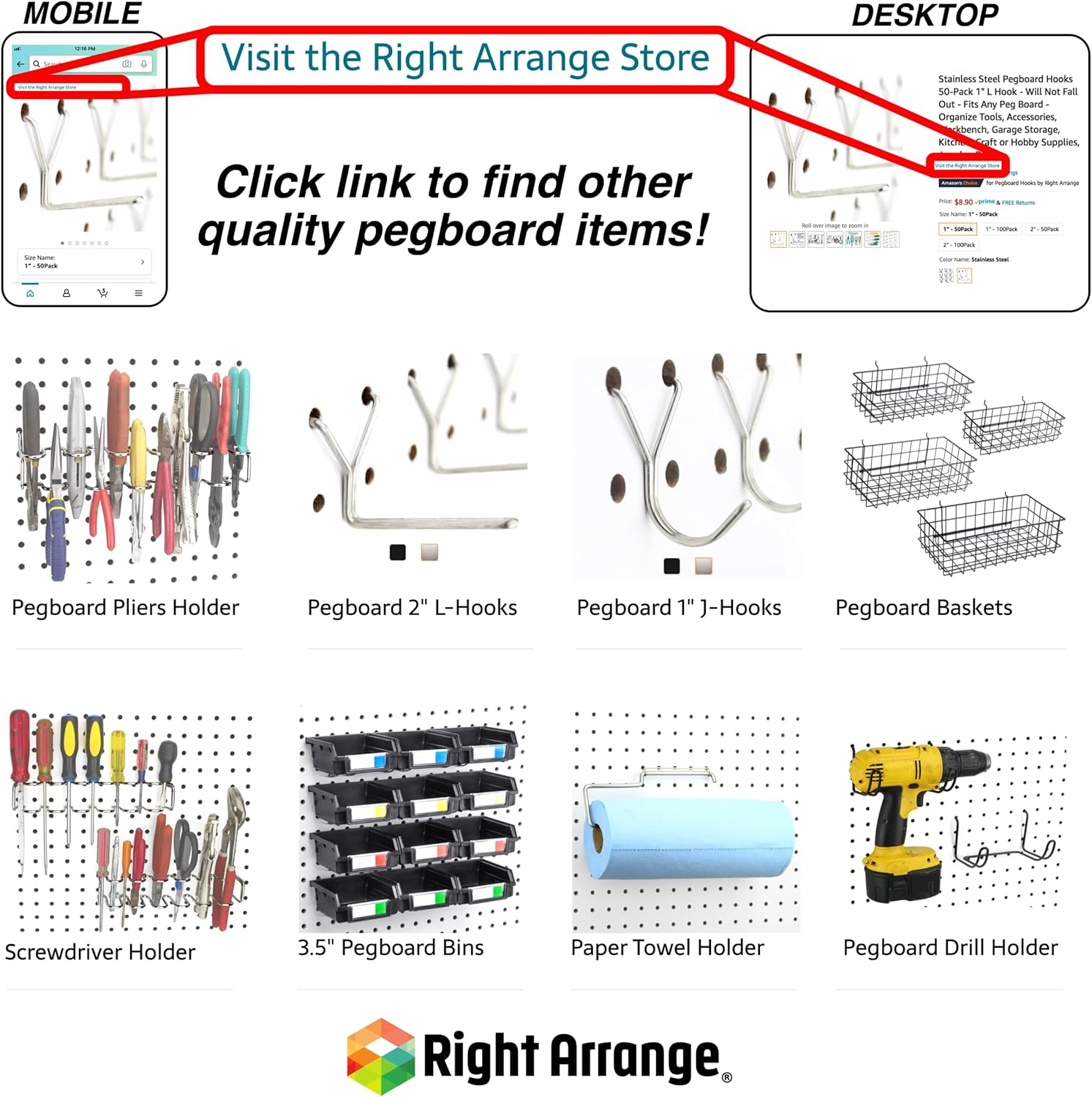 RightArrange One-Handed Tear Pegboard Paper Towel Holder - Stainless S