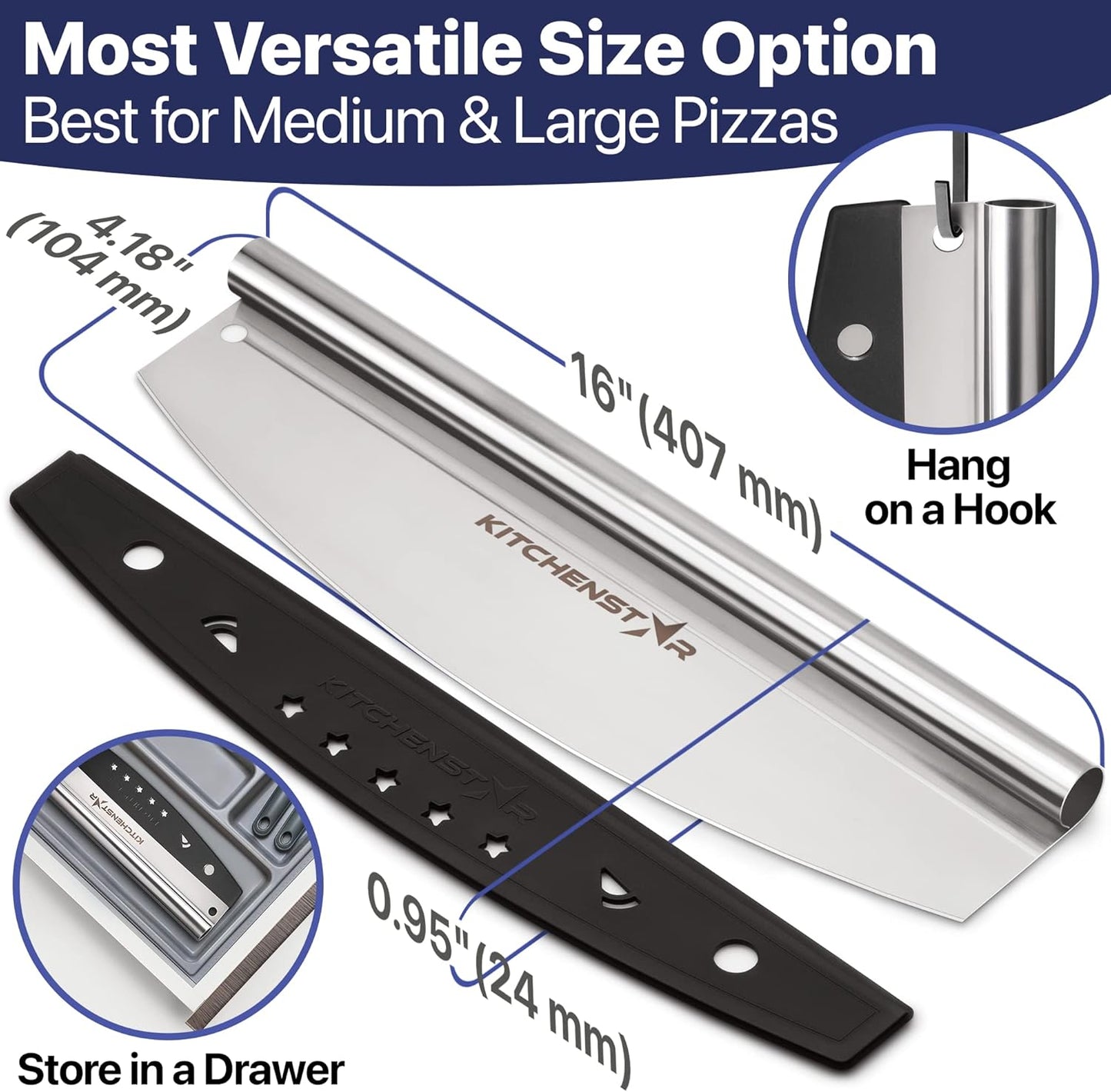 KitchenStar 16-Inch Pizza Cutter Rocker Blade - Sharp Stainless Steel 