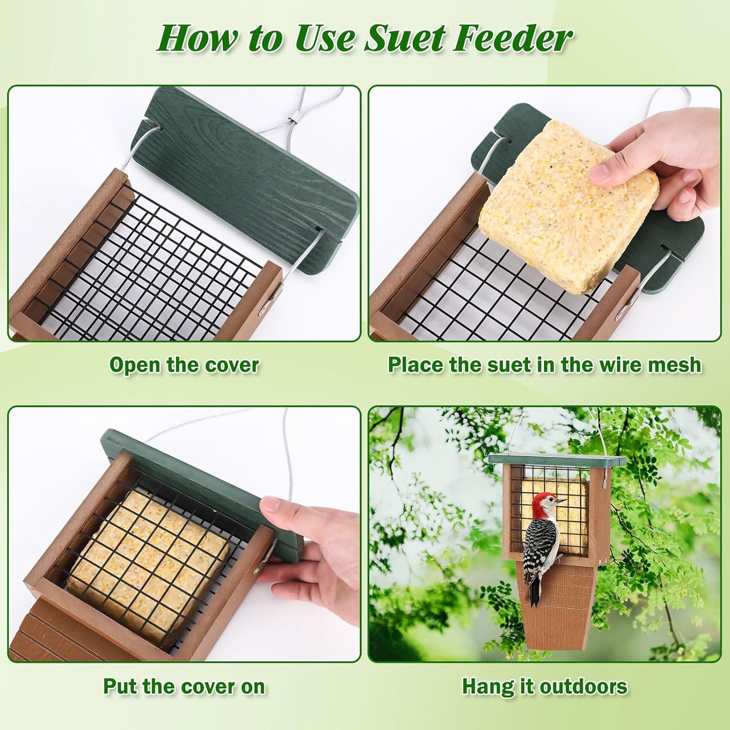 Gtongoko Recycled Plastic Suet Bird Feeder for Outside Hanging, Woodpecker Suet Feeder with Tail Prop, Hanging Suet Holder Birdfeeders, 1 Pack, Green