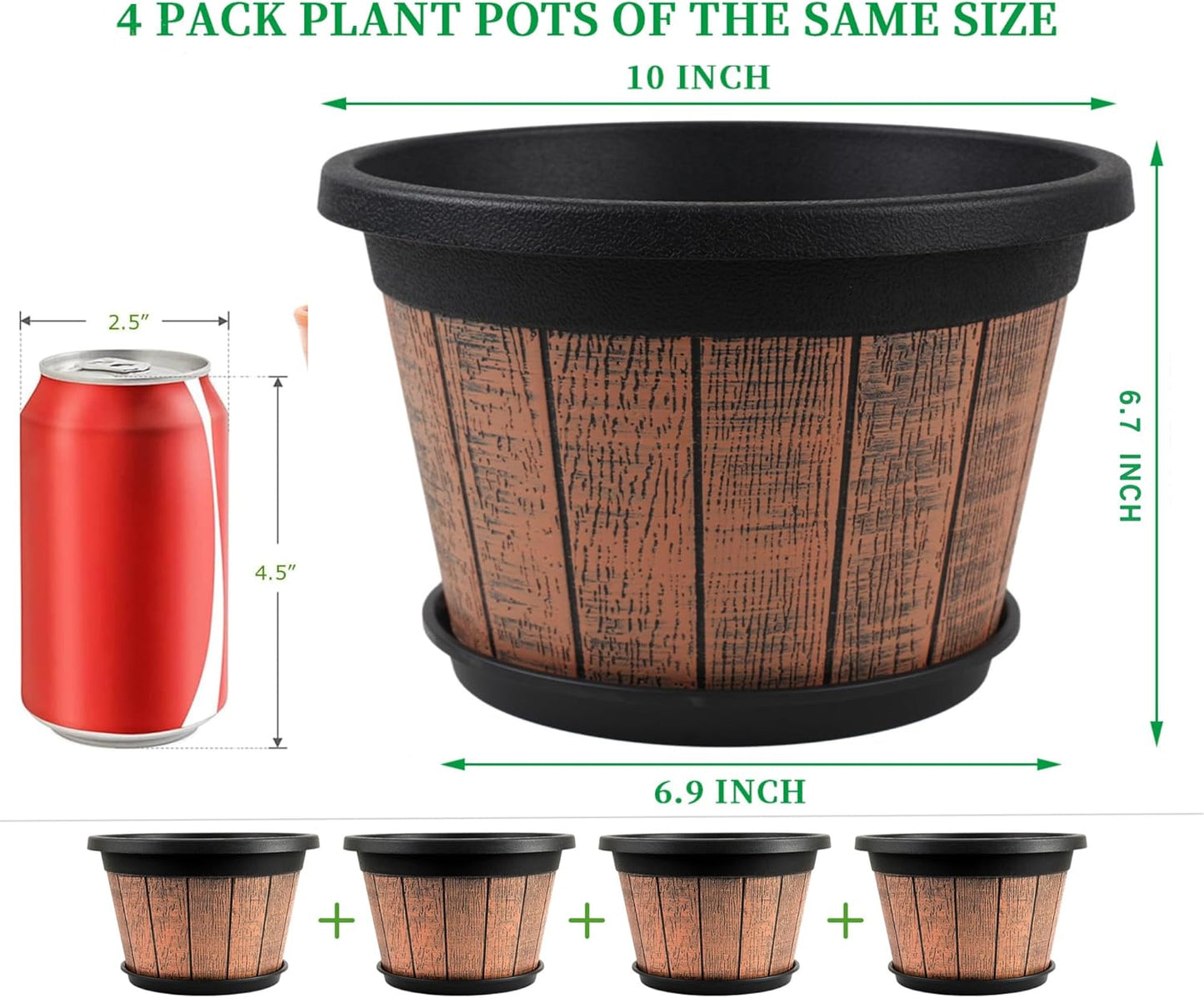 Quarut 4 Pack 10 inch Plant Pots,Upgrade Whiskey Barrel Planters with 