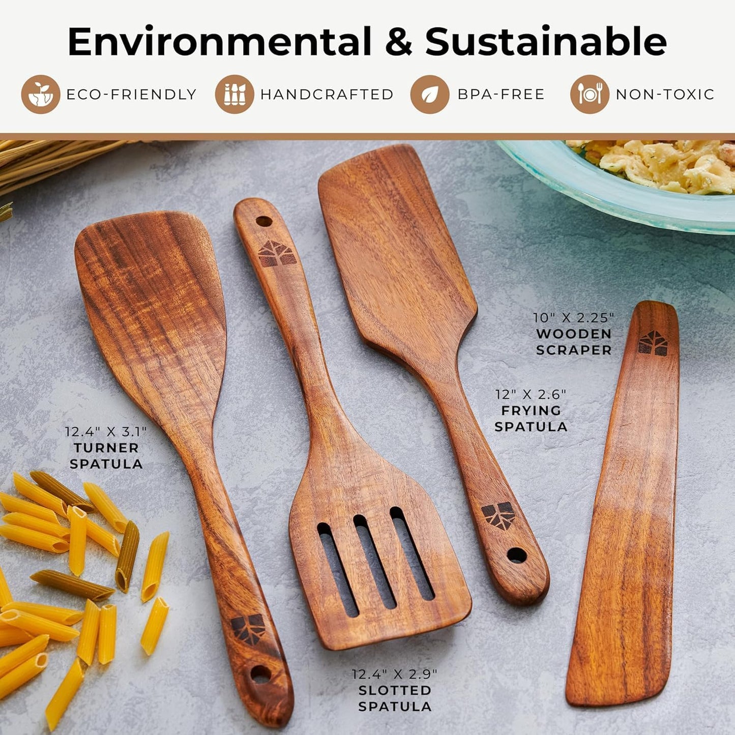 Woodenhouse Wooden Spatula for Cooking, Teak Spatulas for Kitchen Use - Wooden Cooking Utensils Set of 4 including Paddle, Turner, Slotted Spurtle and Wood Scraper. Nonstick cookware
