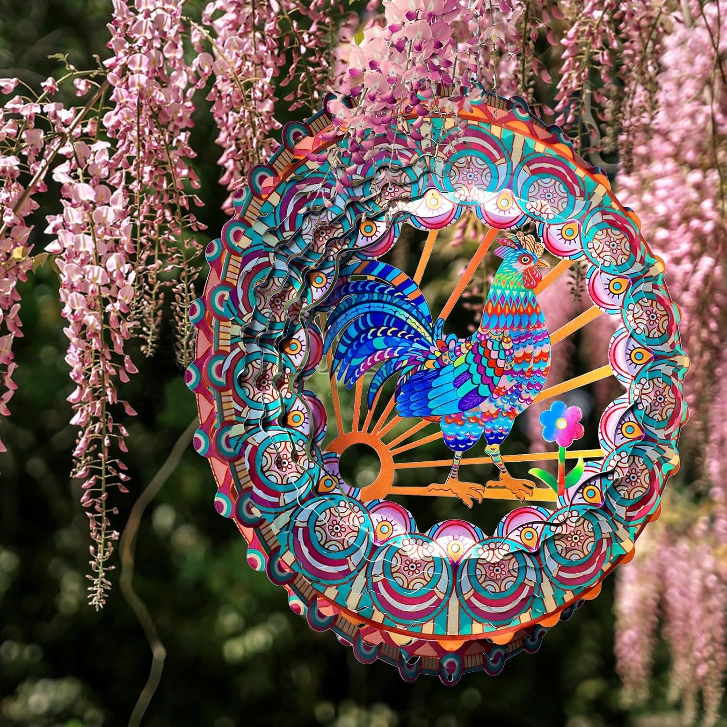 Rooster Kinetic Wind Spinner - 12-Inch 3D Holographic Metal Hanging Sculptures, Rustproof Outdoor Decor Garden Patio Decoration, Unique Gift for Chicken Lovers Mom Dad Men Women