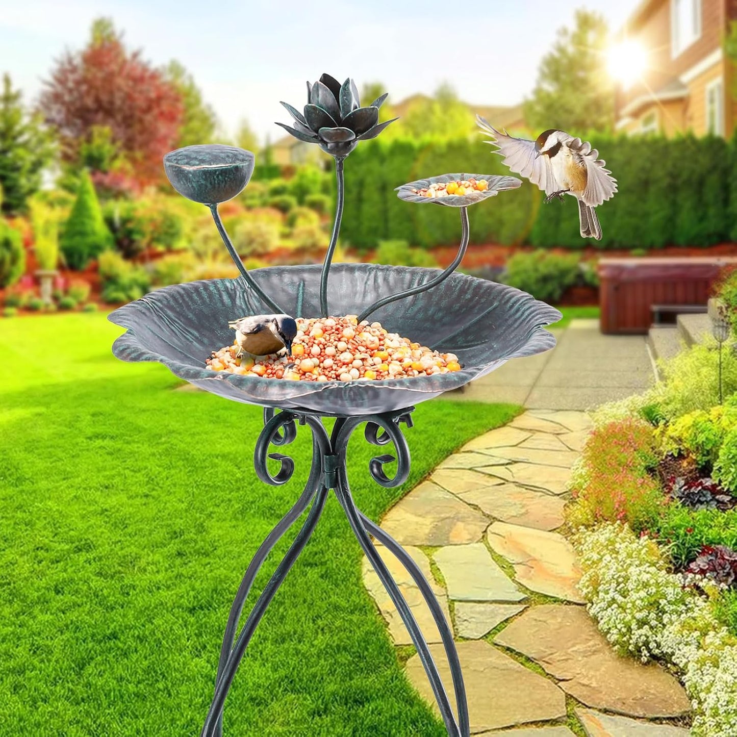 VCUTEKA Bird Bath with Flower Planter Pedestal, birdbath for Outdoors with Lotus, 33" Height Vintage Bird Baths for Garden Yard Patio Lawn Decor