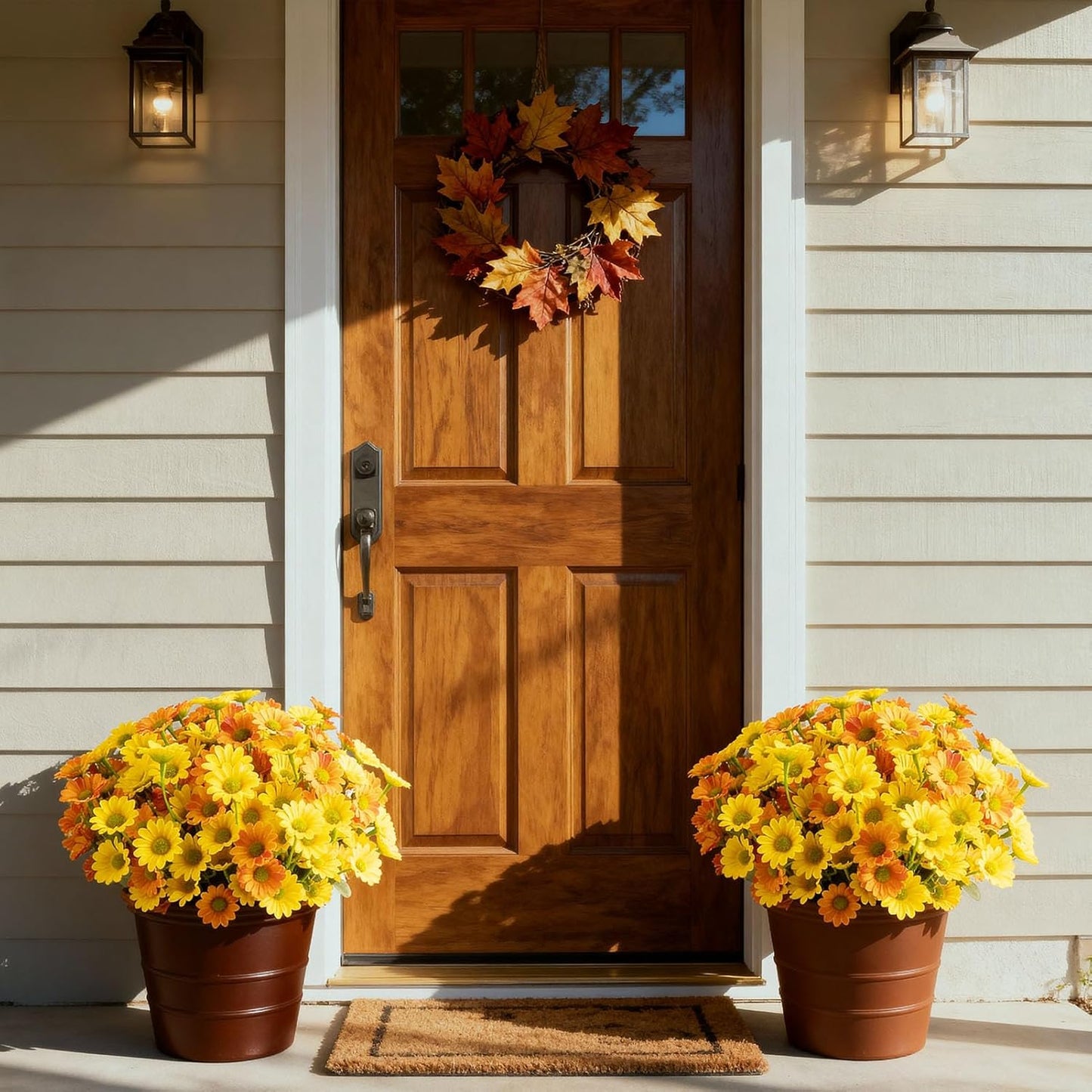 Daisy Artificial Fake Flowers Plants for Outdoor Outside Fall Decor, 6 Bundles Fake Mums UV Resistant Look Real for Planter Pot Porch Patio Balcony Garden Yard (Orange Yellow)
