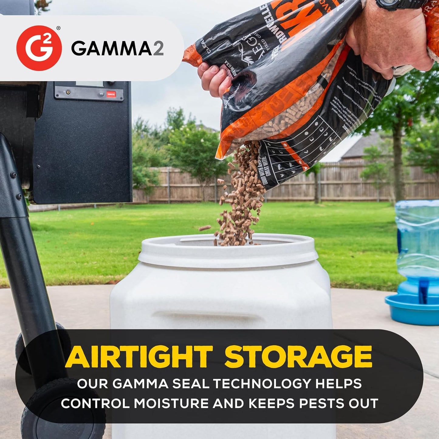 Gamma2 Gamma Seal Airtight Storage Bin - Wood, Pellet, Charcoal, and Food Container - Indoor or Outdoor Utility Bucket - BPA-Free Plastic - Made in The USA - Fits up to 50 Pounds - 14" L x 20" H